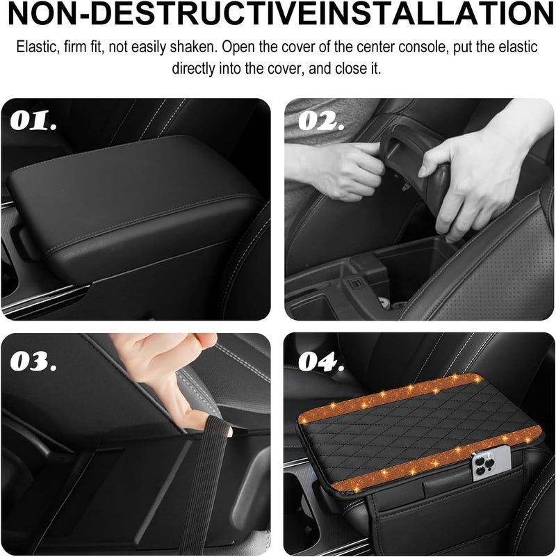 NBTEPEM Bling Car Center Console Cover, Leather Car Arm Rest Cover Cushion with 2 Storage Bags, Universal Auto Armrest Protector Storage Box, Bling Accessories Interior for Most Vehicles (Orange Diamond) - Image 5